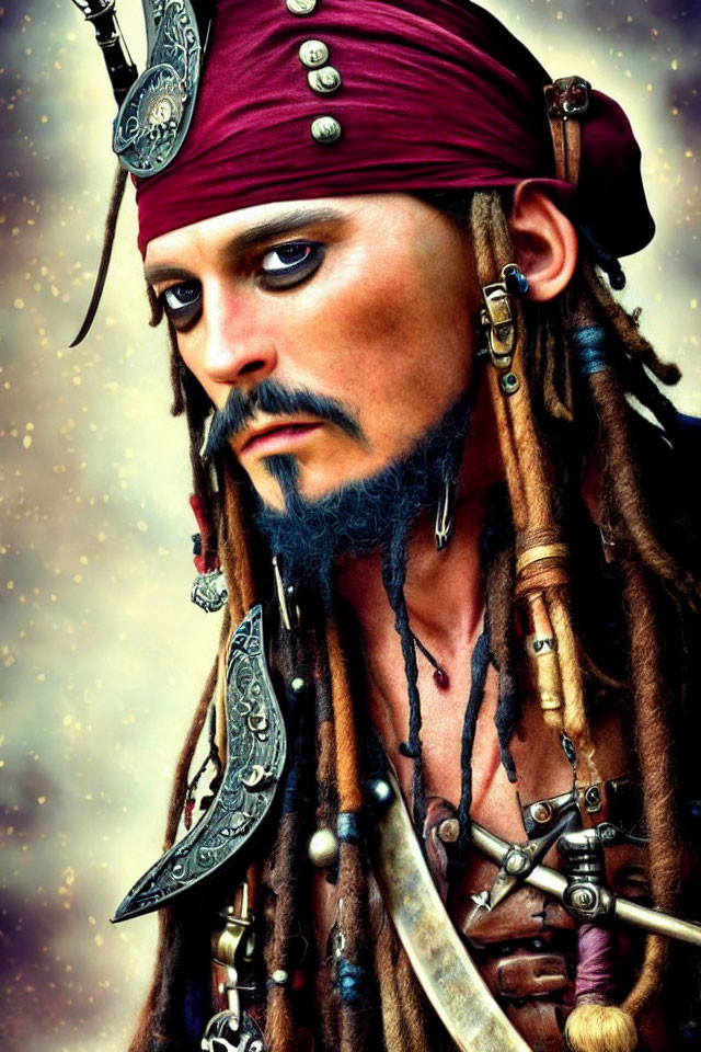 Digital image of person with red bandana, dreadlocks, pirate-themed attire