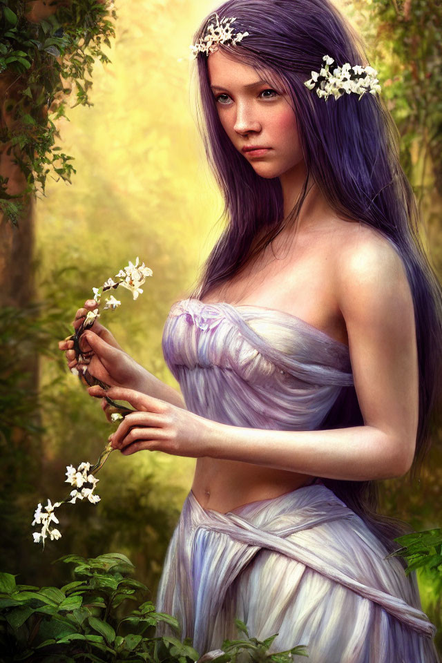 Violet-haired woman in lavender dress holds blossoms in sunlit forest