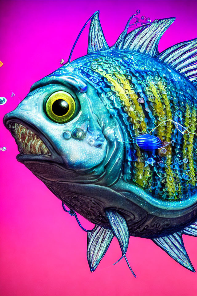 Colorful digital fish art with exaggerated features on pink background