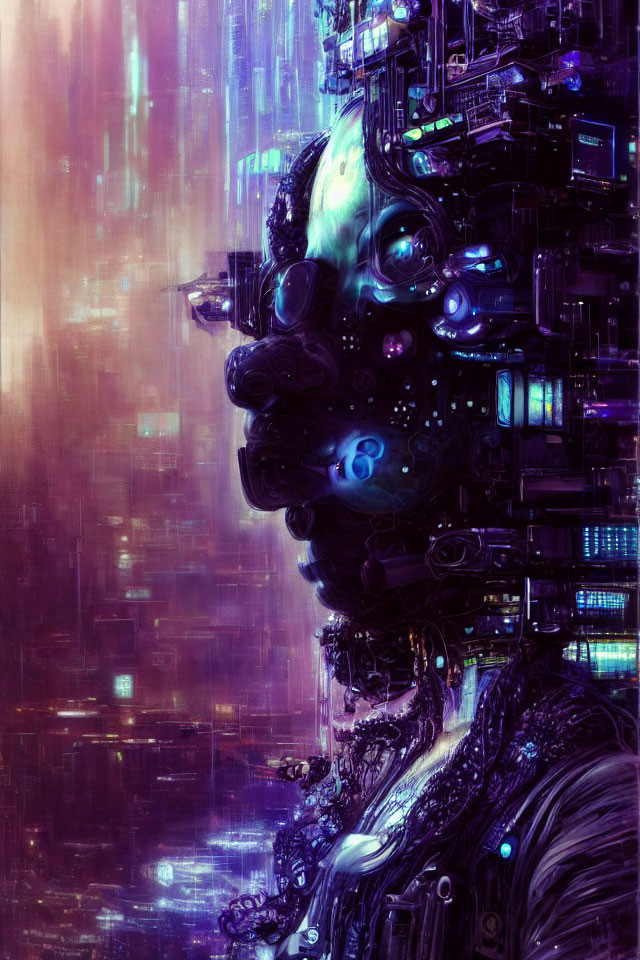 Cybernetic head with glowing elements in digital rain & neon lights