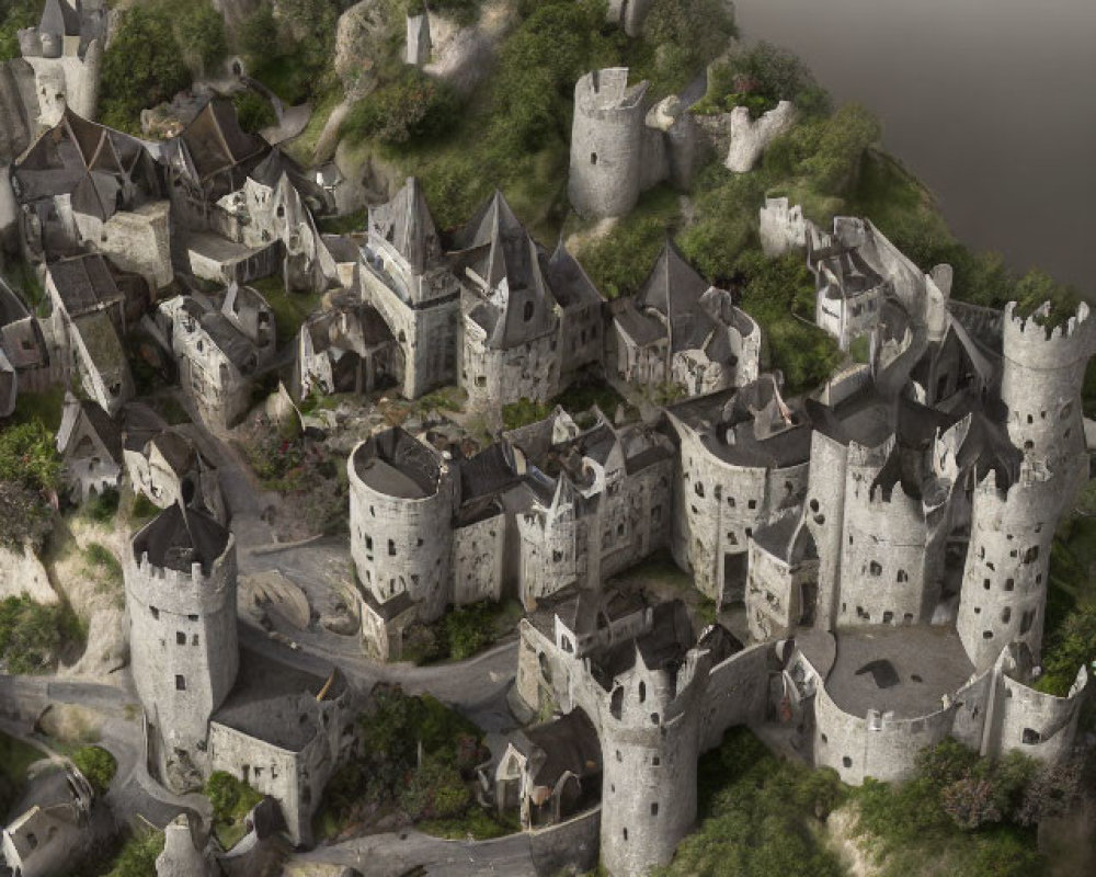 Medieval hilltop castle and stone houses with turrets in misty setting