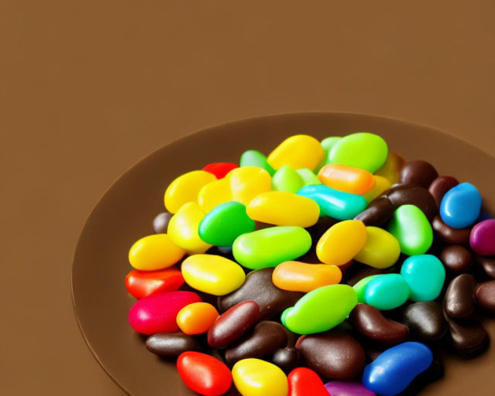 Vibrant Jelly Beans and Chocolate Candies on Brown Plate