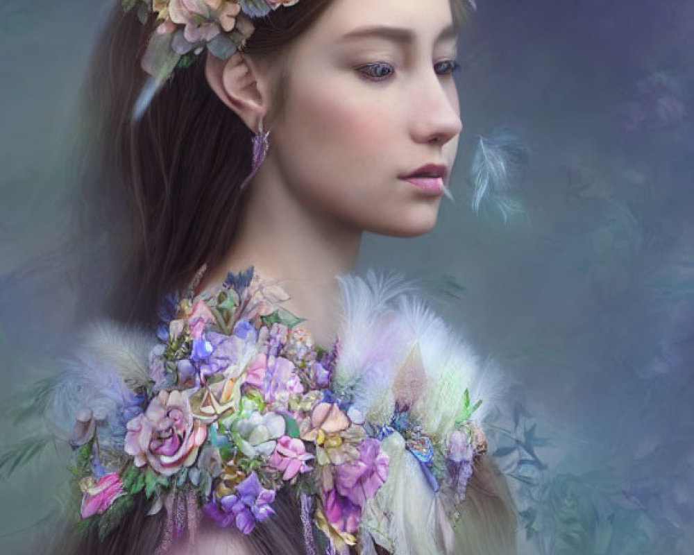 Floral wreath and feathered shoulder on serene woman in violet setting