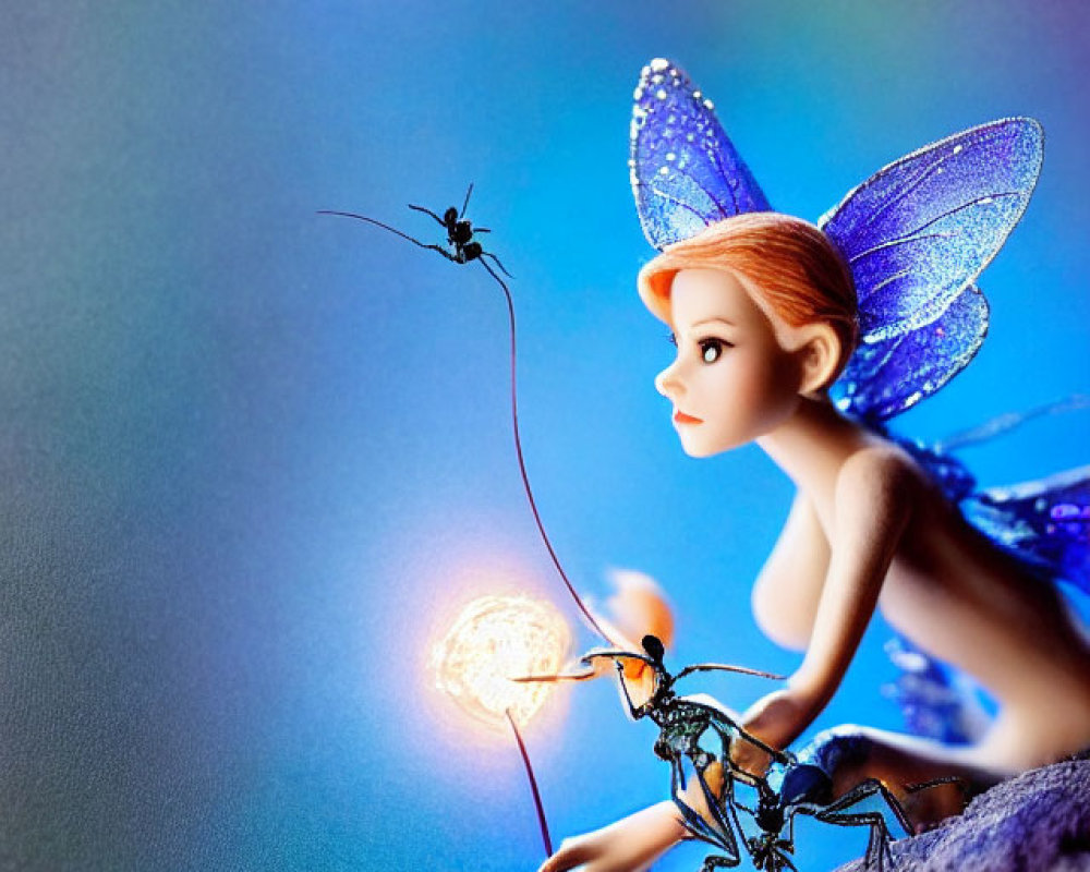 Miniature fairy with iridescent wings and glowing orb, stylized insects on blue textured surface