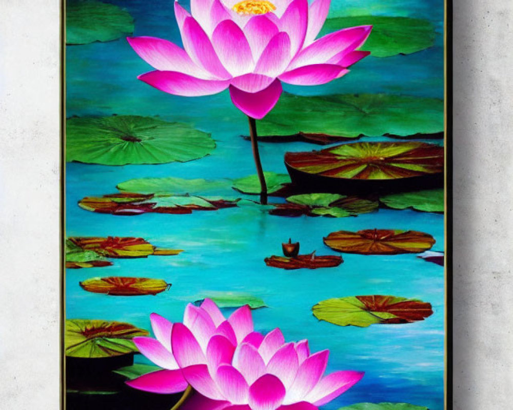 Colorful painting of pink lotus flowers and green lily pads on blue water, hanging on white