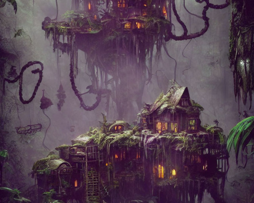 Glowing windows treehouse in misty jungle with vines