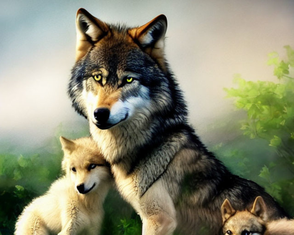 Adult wolf and two pups in lush green foliage: serene family scene