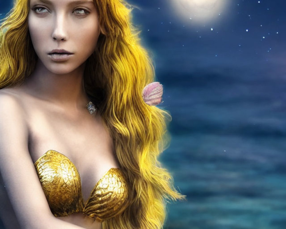 Fantasy portrait of woman in golden mermaid attire under starry night sky