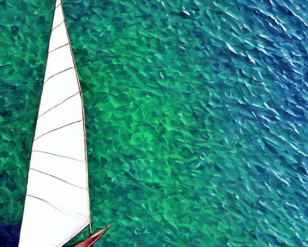 White sailboat sailing in vibrant blue-green ocean waters