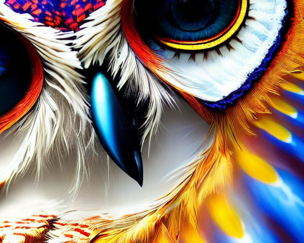 Vibrant blue, orange, and yellow bird feathers with sharp eye