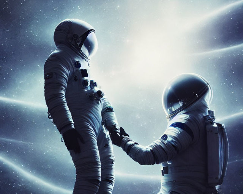 Astronauts in space suits holding hands under starlit sky