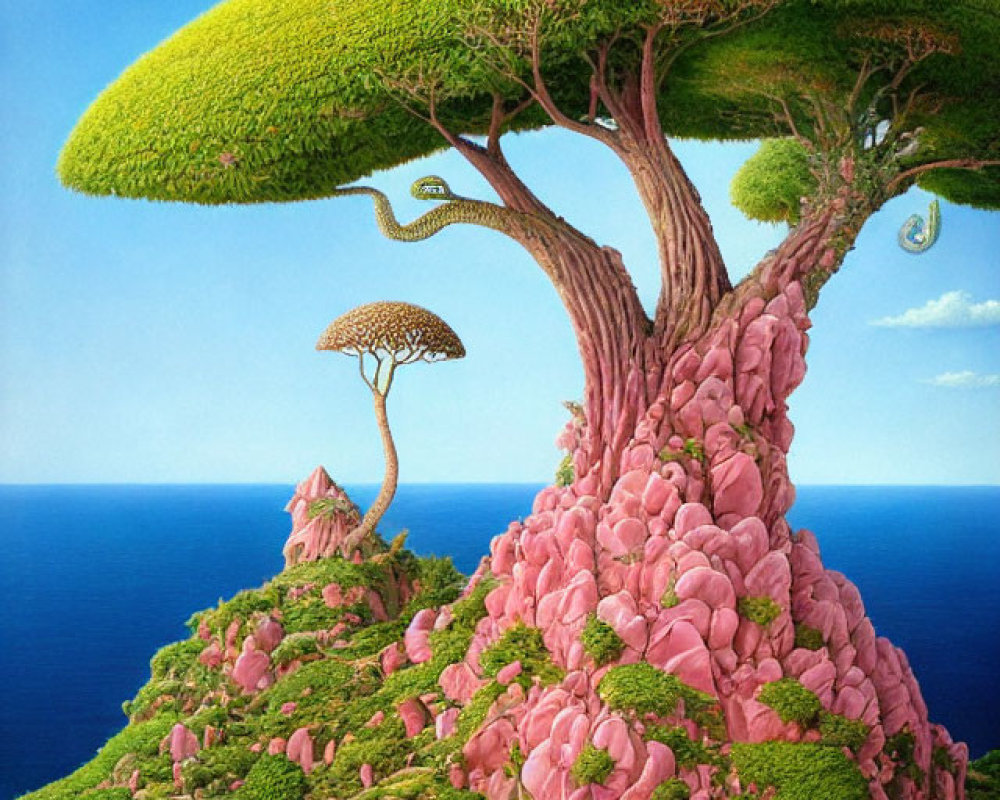 Fantastical landscape with giant tree-like structures, pink foliage, and blue sea