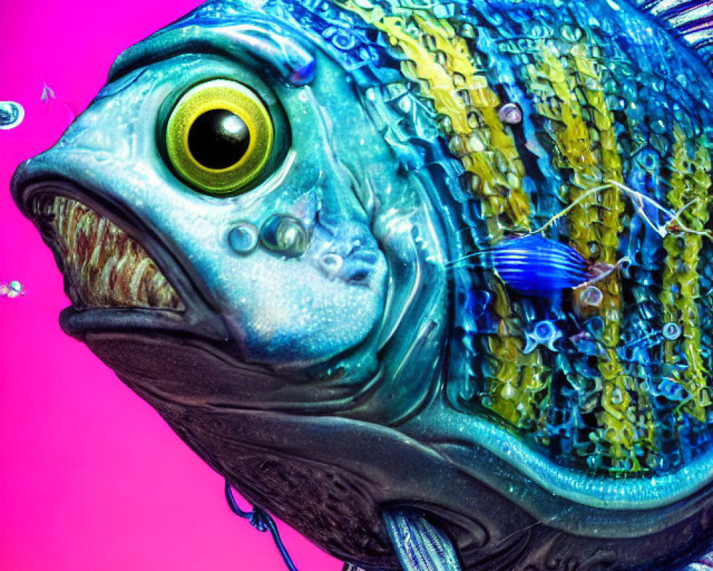 Colorful digital fish art with exaggerated features on pink background
