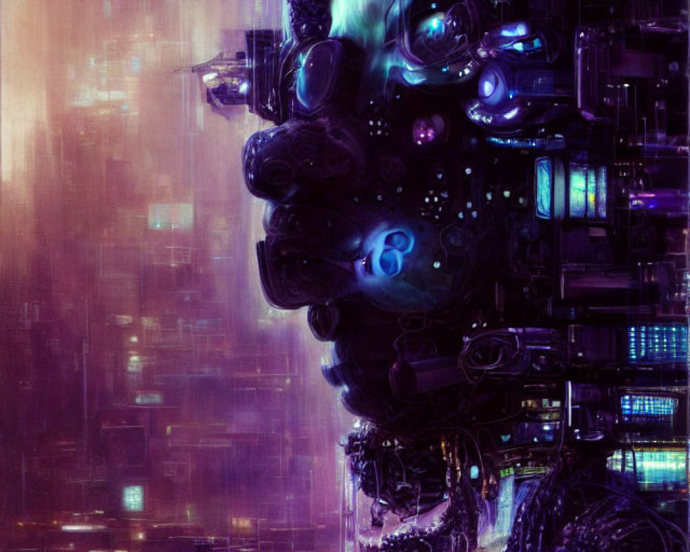 Cybernetic head with glowing elements in digital rain & neon lights