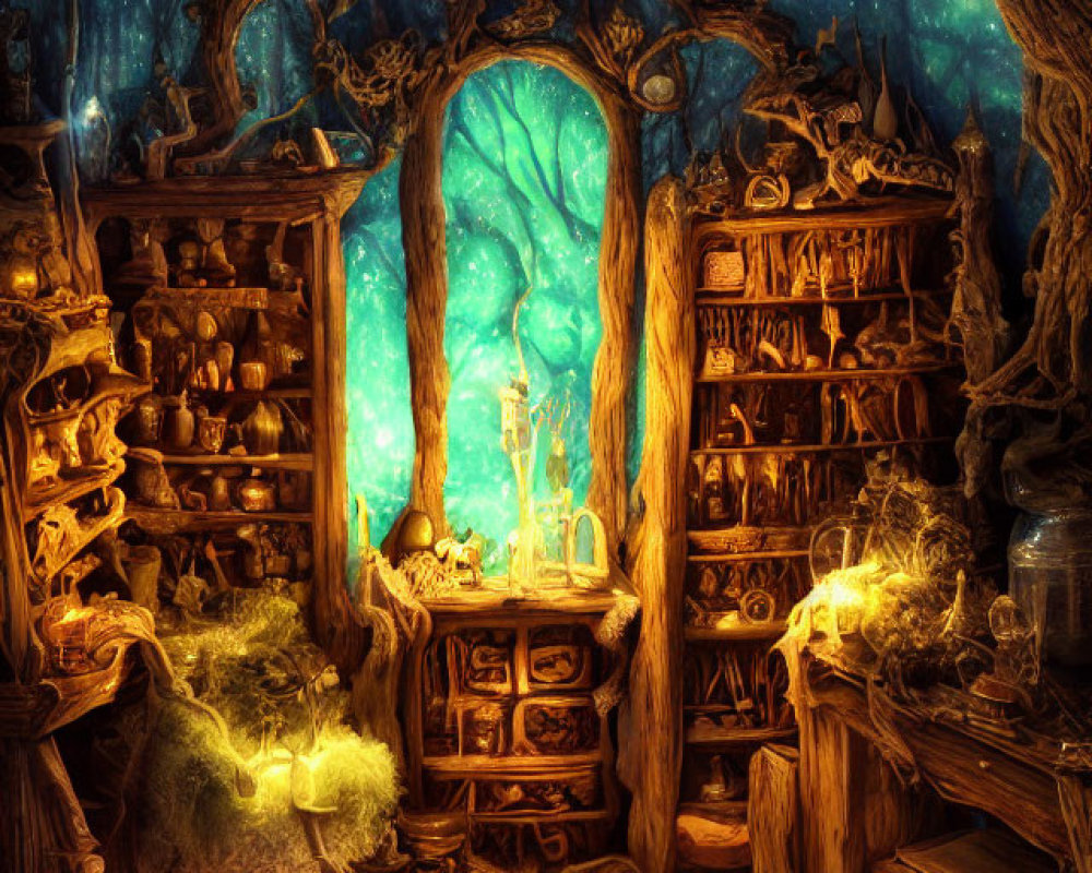 Mystical enchanted forest alcove with magical elements