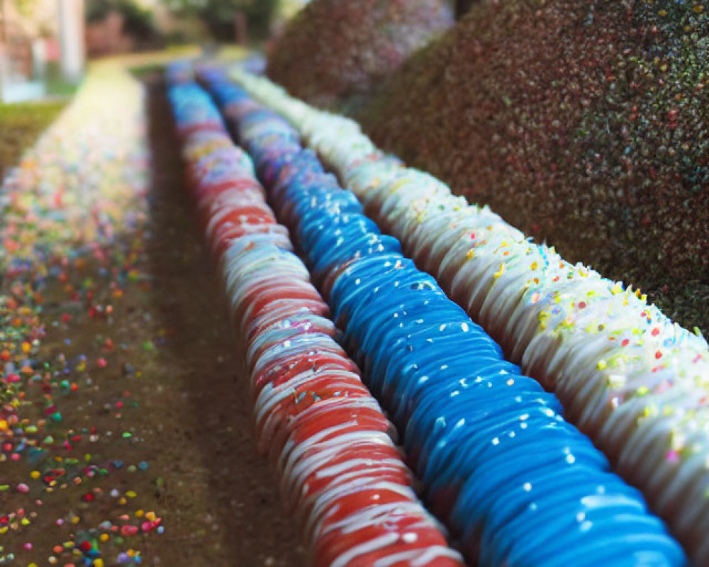 Vibrant path with red, white, and blue bollards in serene outdoor setting