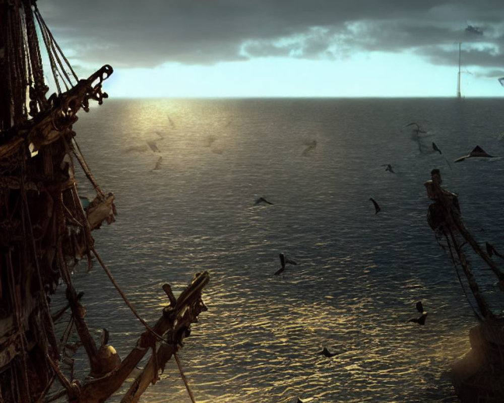 Vintage ship at sea with seagulls at sunset and small boat under dramatic sky