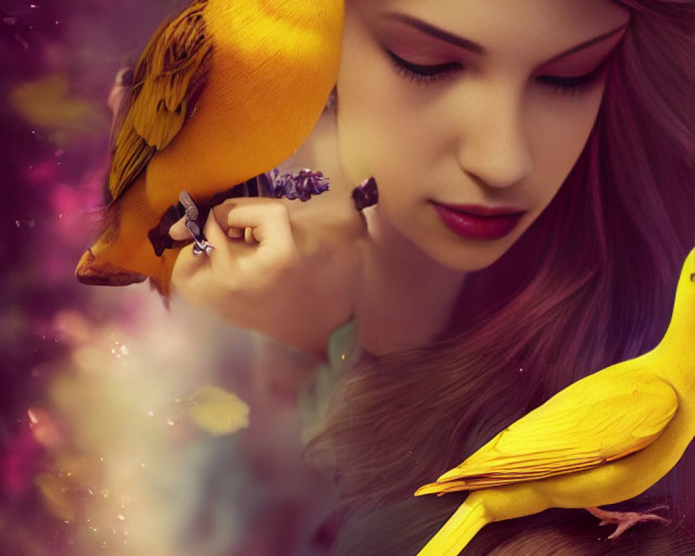 Woman with closed eyes in dreamy haze with vibrant yellow birds.