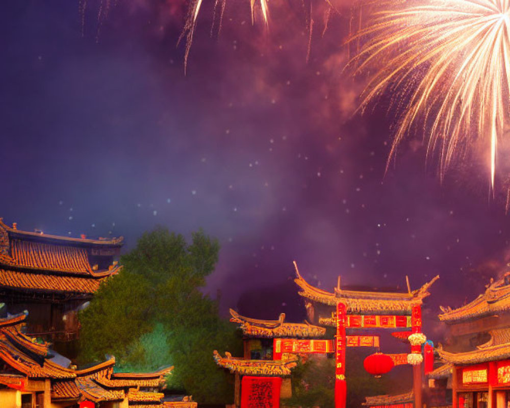 Colorful fireworks illuminate ancient Chinese street with red lanterns