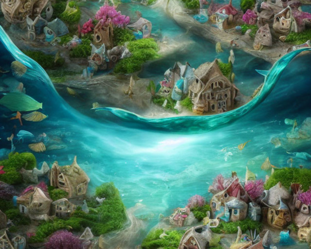 Fantasy Underwater Village with Colorful Fish and Vibrant Plant Life