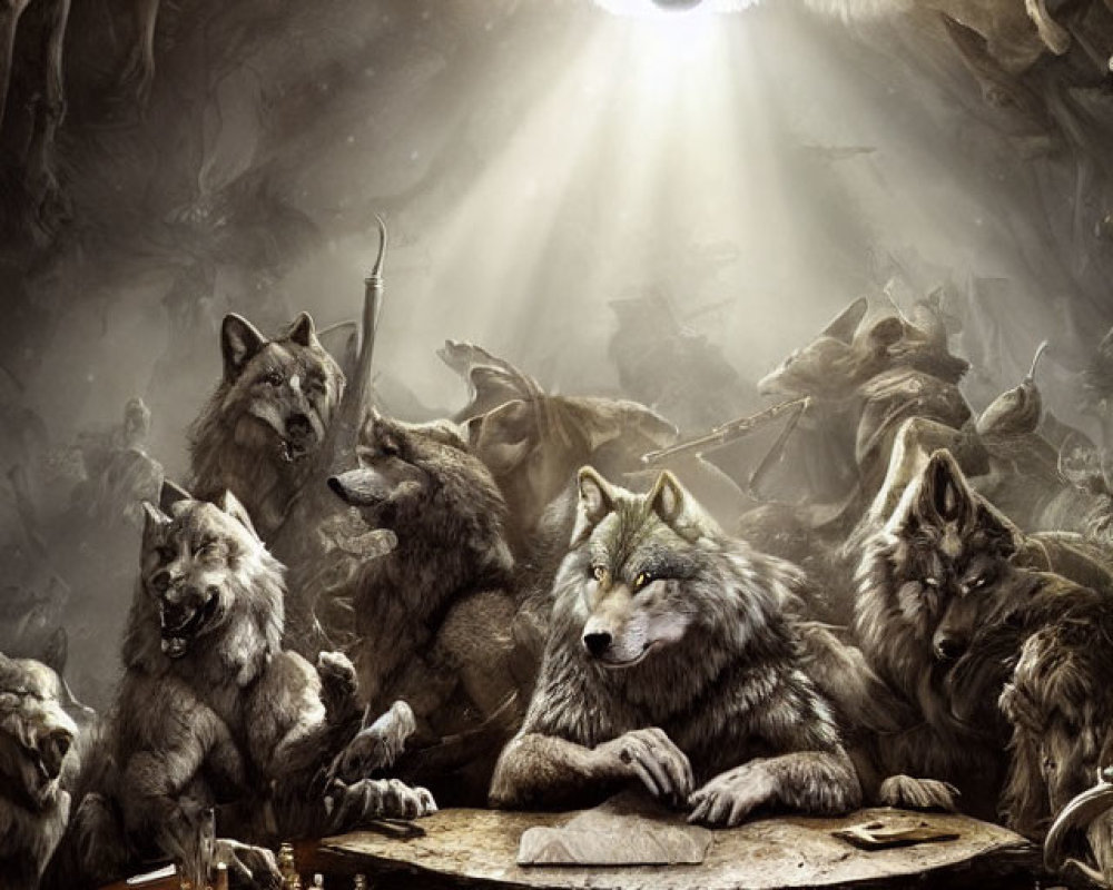 Fantasy wolf council with alpha wolf's glowing face