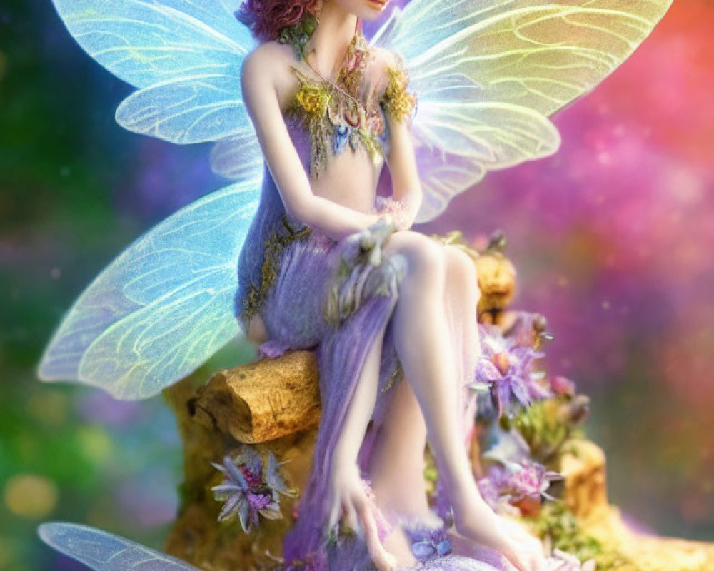 Enchanting fairy with iridescent wings in flower attire on colorful background