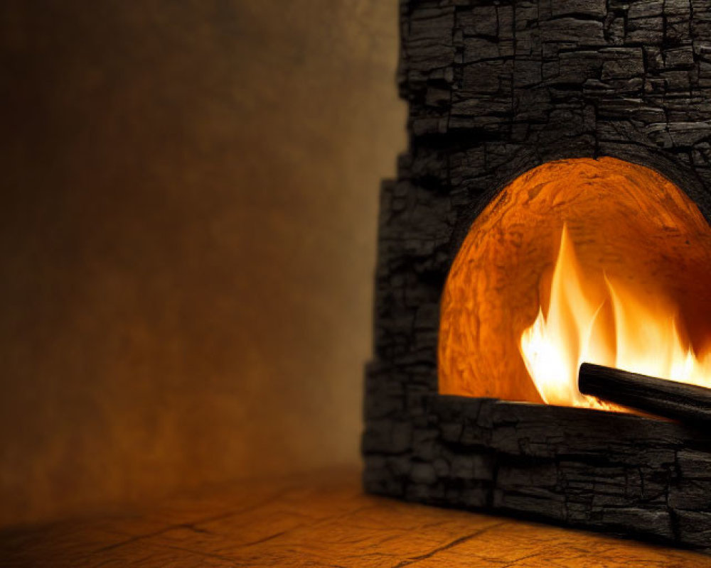 Cozy Stone Fireplace Illuminated by Warm Fire