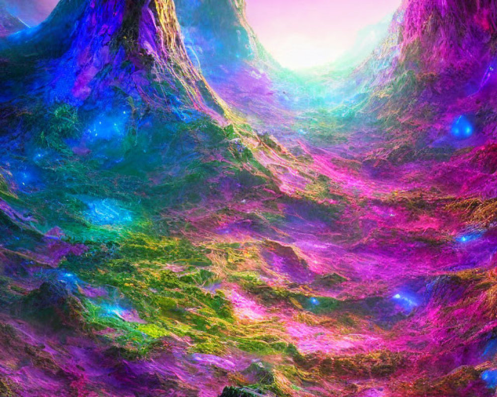 Fantasy landscape digital art: vibrant mountains, magenta sky, glowing orbs