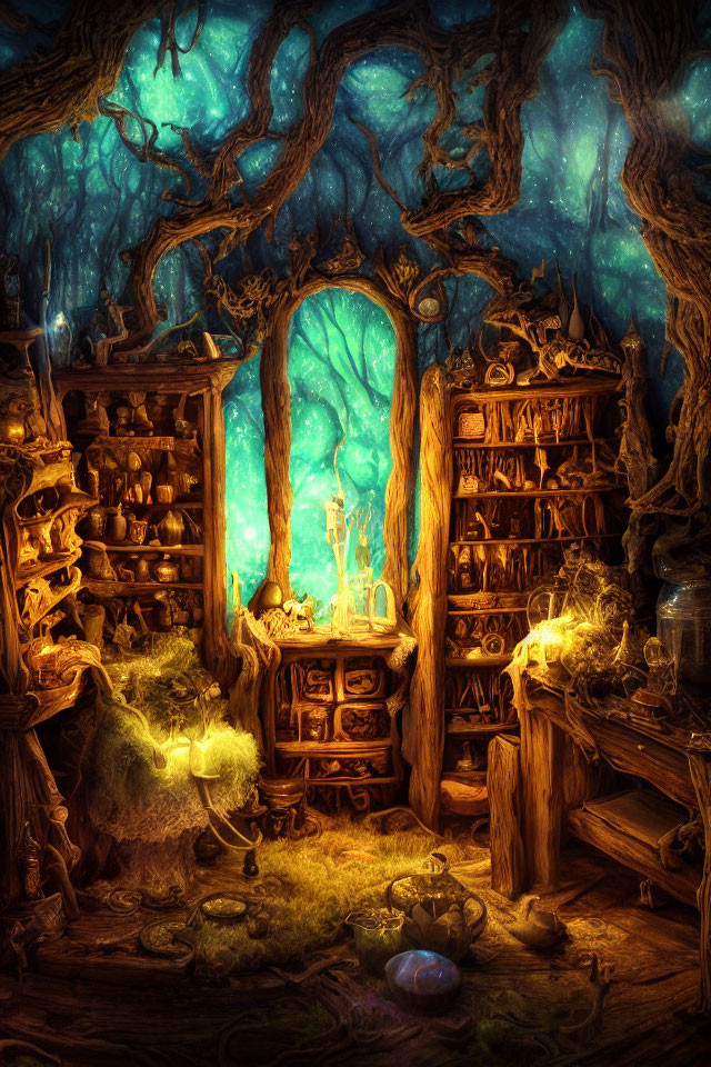 Mystical enchanted forest alcove with magical elements