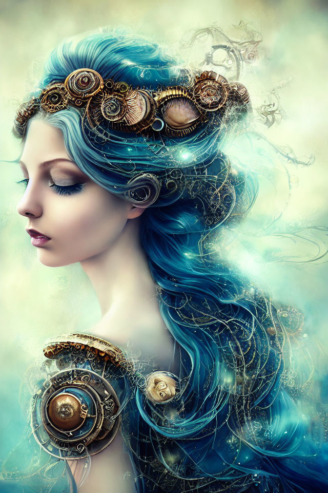 Fantasy Artwork: Woman with Blue Hair in Steampunk Style