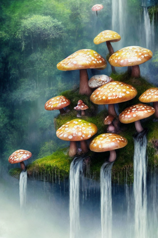 Fantasy-style mushrooms in misty forest with waterfall