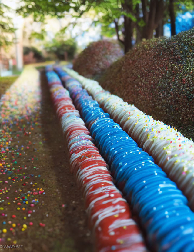 Vibrant path with red, white, and blue bollards in serene outdoor setting