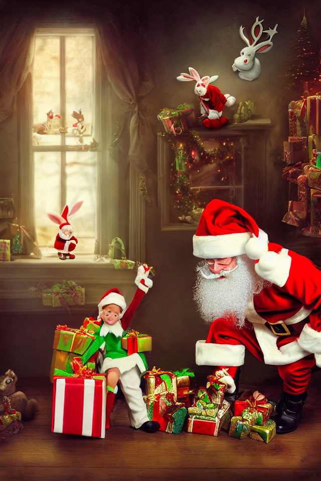 Santa Claus and elf arranging gifts in festive room with snowy window view.