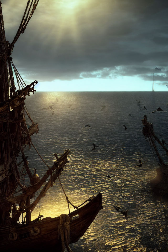 Vintage ship at sea with seagulls at sunset and small boat under dramatic sky