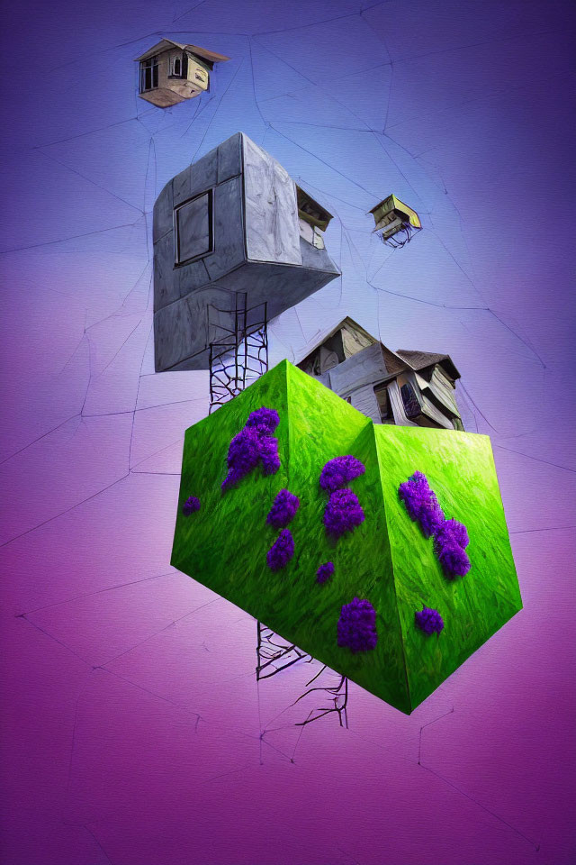 Surreal floating geometric shapes with house elements and green cube on purple background