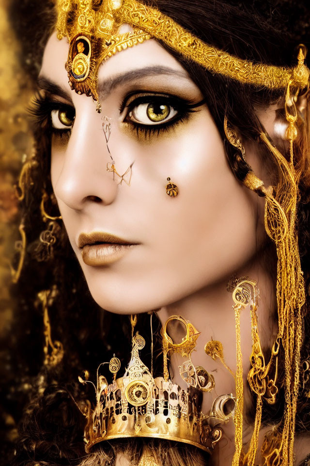 Intense gaze of woman with dramatic makeup and gold jewelry