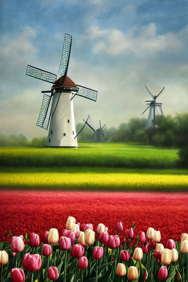 Vibrant tulips and windmills in a picturesque field under a blue sky