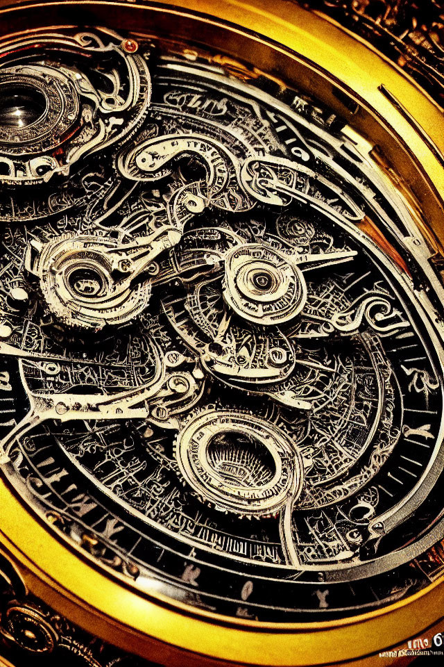 Intricate Golden Mechanical Clock with Engravings and Gears