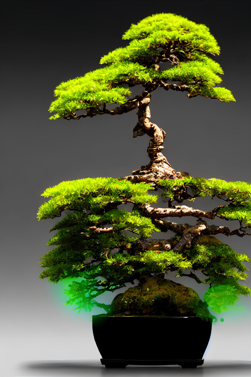 Tiered Layered Bonsai Tree with Gnarled Trunk on Neutral Background