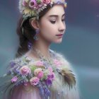 Floral wreath and feathered shoulder on serene woman in violet setting