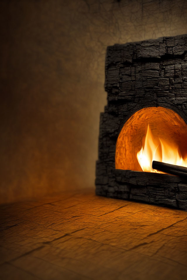 Cozy Stone Fireplace Illuminated by Warm Fire