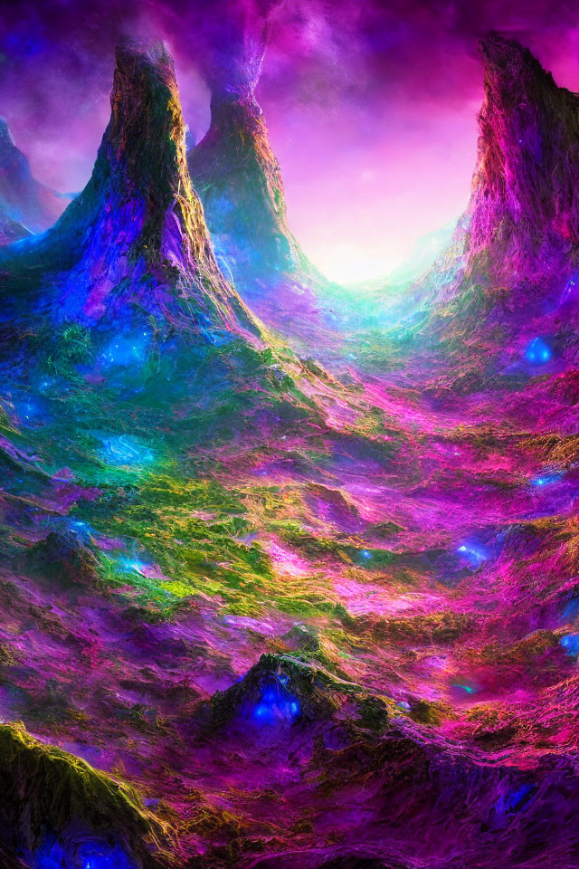 Fantasy landscape digital art: vibrant mountains, magenta sky, glowing orbs