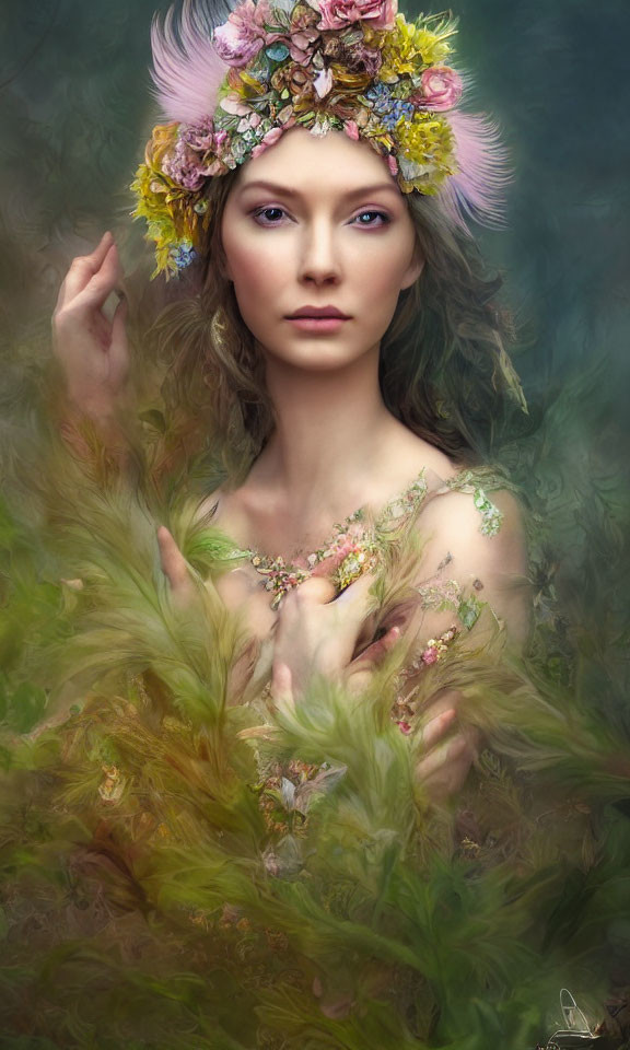 Woman portrait with floral headdress in green mist and delicate flowers.