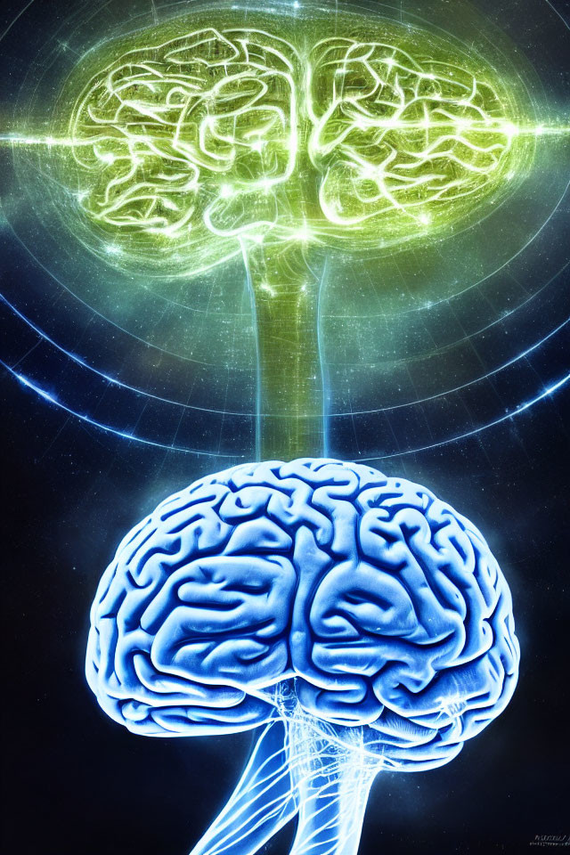 Conceptual Digital Artwork: Glowing Green Brain Connected to Blue Brain via Luminous Streams