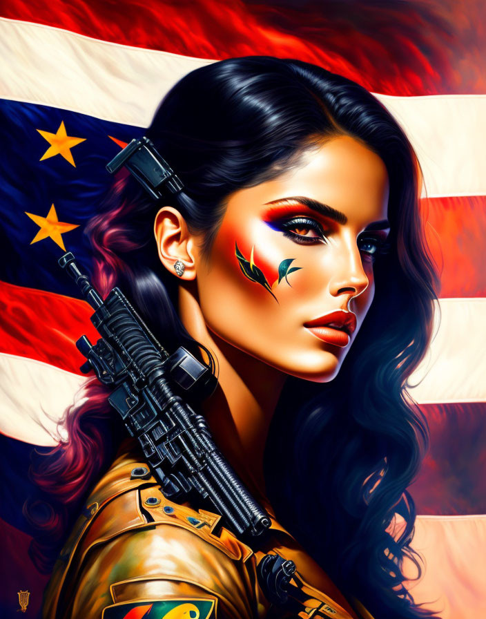 Illustration of woman with dark hair, red star makeup, holding futuristic rifle against American flag with altered