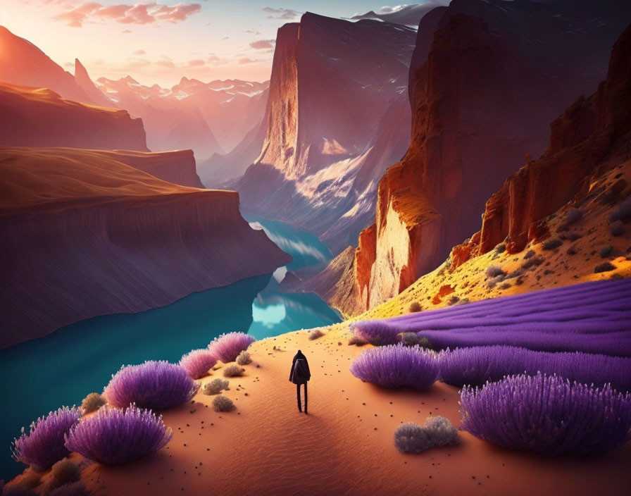 Solitary figure in surreal desert landscape with purple flora and majestic rock formations