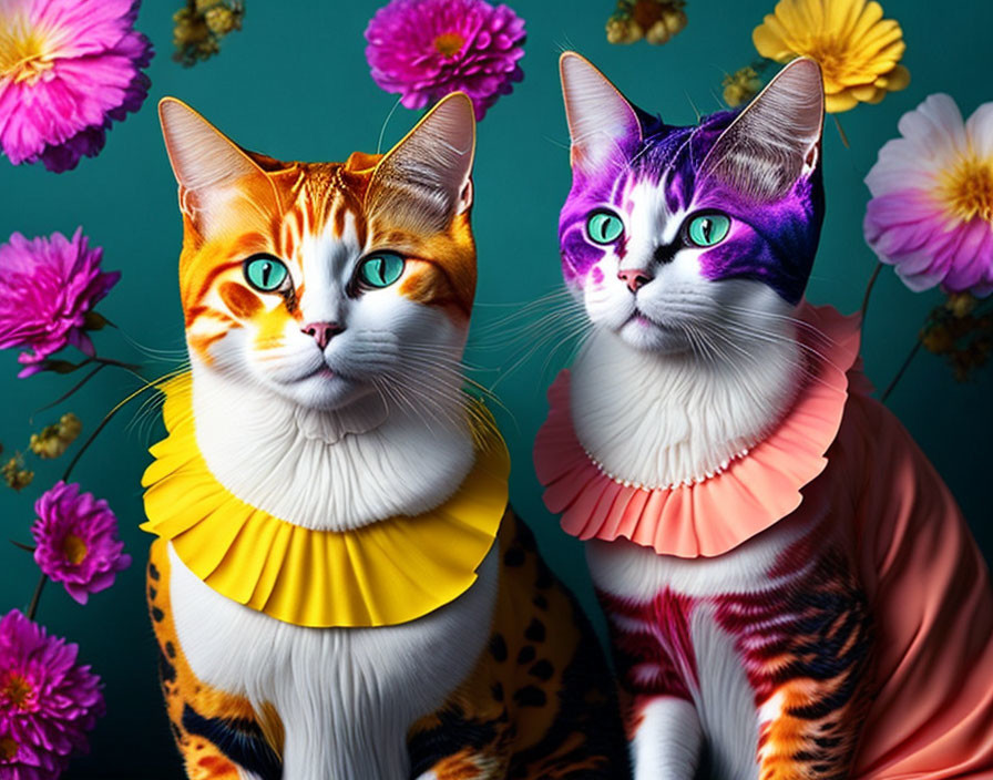 Colorful Stylized Cats with Patterned Fur and Ruffled Collars on Teal Background