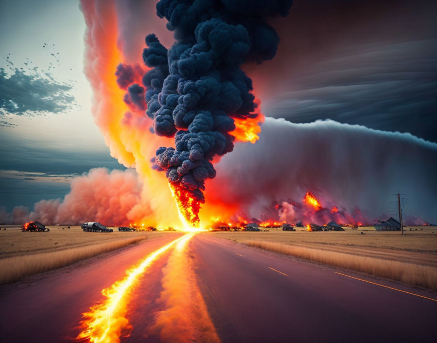 Volcanic eruption spewing lava and smoke over desolate road