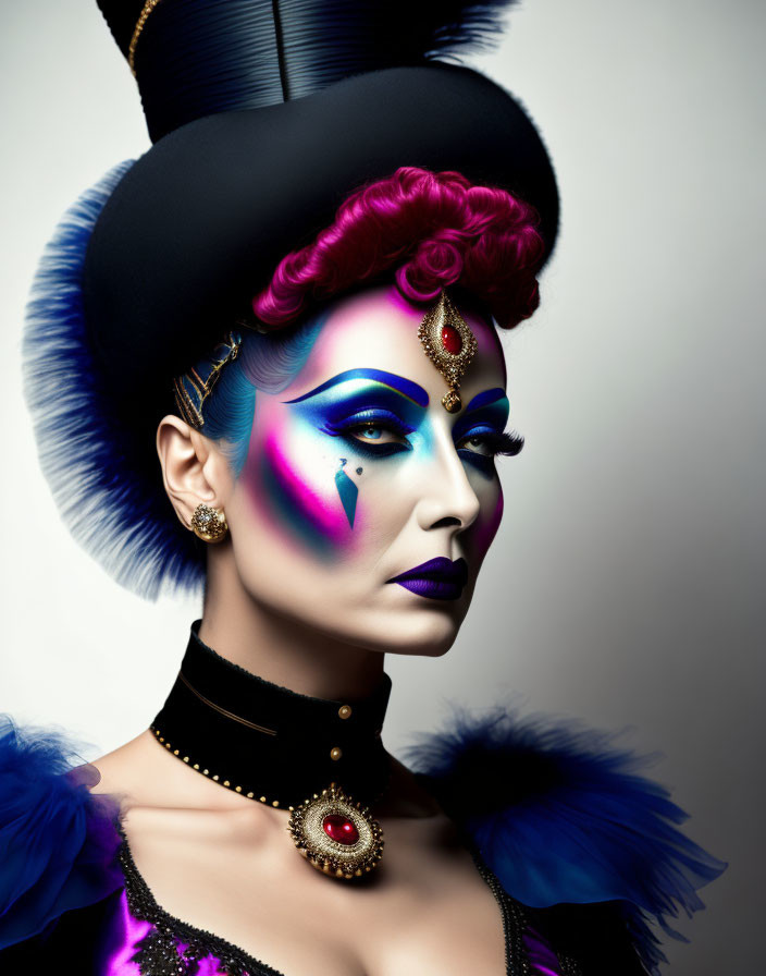 Colorful Makeup and Ornate Jewelry with Top Hat in Blue and Purple Profile Pose