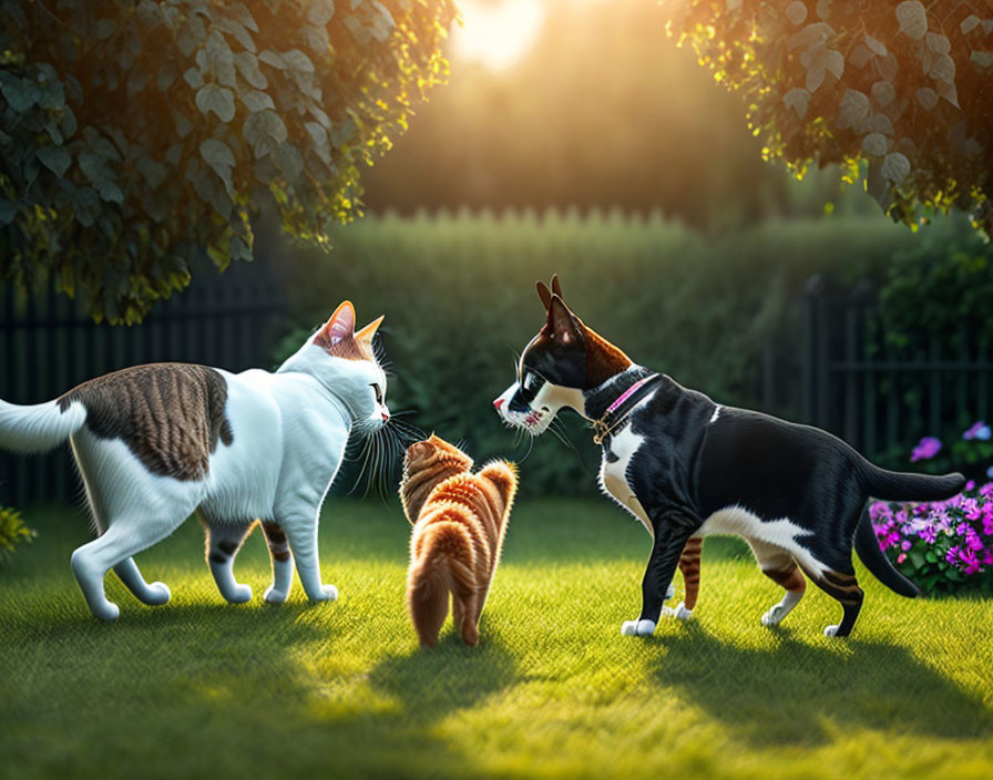 Cat and dog face off with kitten and puppy in sunny garden